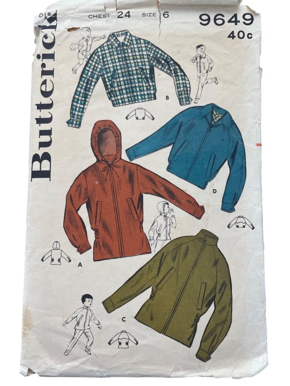 Vintage Butterick 9649 Sewing Pattern Size 6 Boys Jacket Chest 24 Retro CUT
